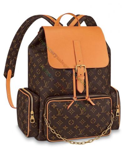  Louis Vuitton Monogram Trio Orange Leather Flap Golden Chain Trimming Unisex Brown Canvas Casual Style Backpack Online 