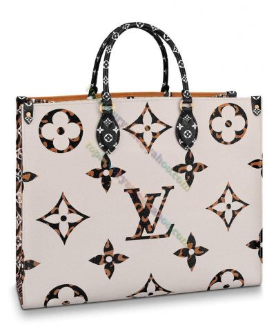 2022 Fashion Louis Vuitton Onthego Monogram & LV Pattern Striped Sides Beige Canvas Tote Bag For Ladies