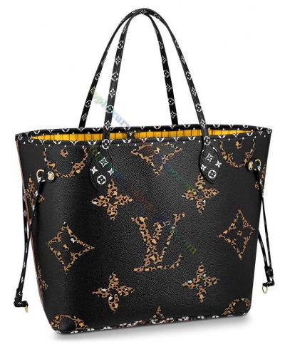  LV Neverfull MM Monogram Printing Fashion Pantherine Motif Female Black & Coffee Canvas Reversible Tote Bag