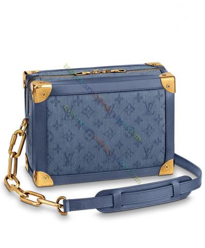 Louis Vuitton Soft Trunk Golden Corners Monogram Pattern Women Double Zipper Blue Denim Fabric Chain Strap New Fashion Crossbody Bag 
