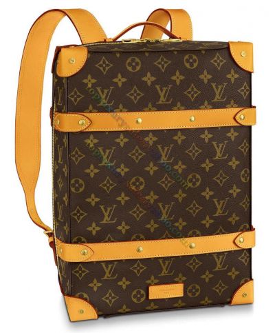  Louis Vuitton Monogram Soft Trunk LV Flower Beige Leather Golden Studs Detail Unisex Double Zipper Brown Canvas Backpack