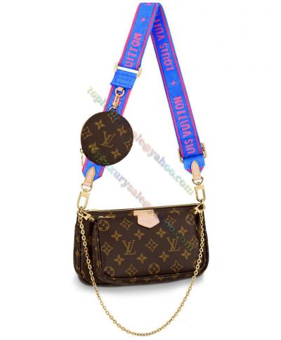 Clone Louis Vuitton Printing Multi Plural Compartments Gold-tone Chain Adjustable Blue Inscribed Jacquard Strap Brown Canvas Shoulderbag