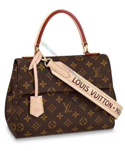  Louis Vuitton Cluny BB Monogram Printing Logo Letter Beige Leather Shoulder Strap Female Brown Canvas Tote Bag