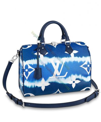 Louis Vuitton Monogram Escale Speedy Bandouliere Tie-Dye Blue Canvas White Signature Flower Silver Padlock Ladies Crossbody Bag