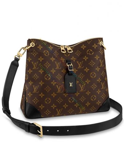 Louis Vuitton Oden PM Monogram Logo Pattern Black Leather Detail Female New Brown Canvas Medium Crossbody Bag 