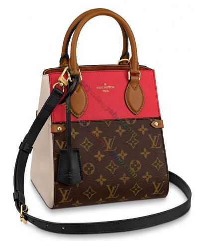 Louis Vuitton Fold Tote PM M45389 Monogram Hook Closure Women High End Red Leather & Brown Canvas TCrossbody Bag Price Online