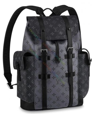  Louis Vuitton Christopher PM Monogram Motif Belt Trimming Men Black & Grey Cowhide Leather Flap Backpack M45419