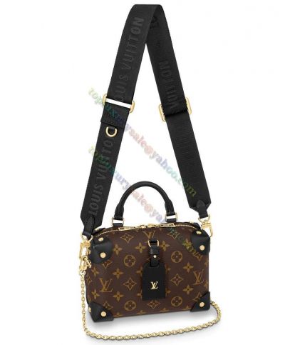 Louis Vuitton Petite Malle Monogram Motif Souple Riveted Leather Trim Women Fashion Brown Canvas Medium Crossbody Bag M45571