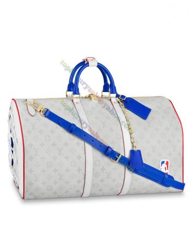 Best Quality Louis Vuitton Lvxnba Basketball Keepall Blue Leather & Net Sides Detail Monogram Pattern Women Large Tote Bag White  