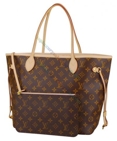 Louis Vuitton Neverfull MM Monogram Canvas Removable Zippered Wallet  Pink Textile Lining Beige Leather Handles Female Brown Tote Bag