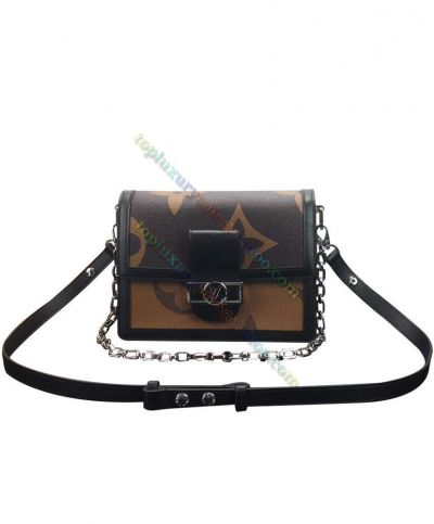 Louis Vuitton Mini Dauphine Hexagonal-link Chain Strap LV Buckle Large Monogram Pattern Flap Best Sale Crossbody Bag Brown