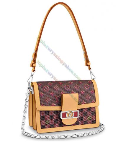 Louis Vuitton Dauphine MM Monogram & Damier Printing Coffee Leather & Pink Canvas Patchwork Vintage Design Crossbody Bag 