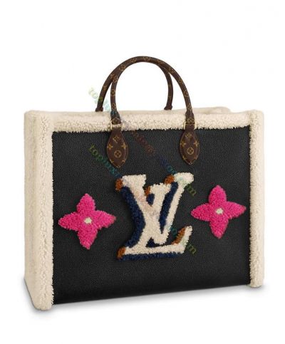 Louis Vuitton Onthego GM Shearling Motif Monogram Pattern Female Black Cowhide Leather Hot Selling Tote Bag M56958