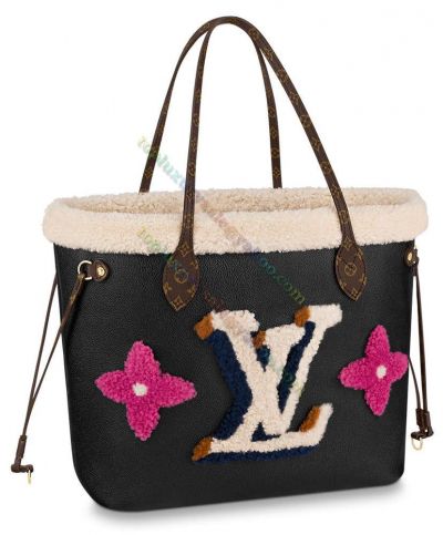 Louis Vuitton Neverfull MM Shearling Trimming LV Monogram Detail Female Black Cowhide Leather Cheapest Tote Bag M56960  