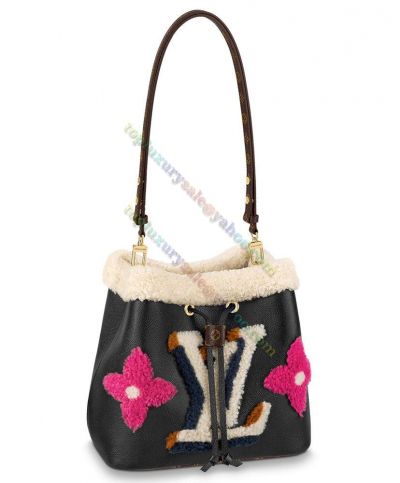 Louis Vuitton Neonoe MM Black Grained Leather Shearling LV & Flower Logo Detail Drawstring Women's Fashion Bucket Bag M56963