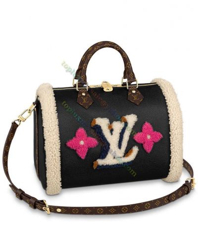 Louis Vuitton Speedy Bandouliere 30 M56966 Wool Detail LV & Flower Motif Women Black Leather Top Styles Tote Bag 