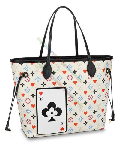 Women's Fashion Louis Vuitton Game On Neverfull MM M57462 Play Card Detail Monogram Heart Pattern White Canvas City Bag 