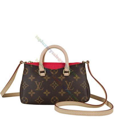 Louis Vuitton Monogram Nano Pallas Red Leather Detail Brown Coated Canvas Women's Zipper Low Price Crossbody Bag