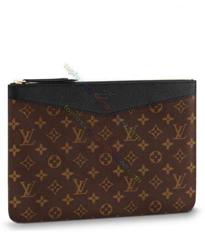 Copy Louis Vuitton Daily Pouch M62048 Black Leather Brown Canvas Female Zipper Monogram Timeless Style Clutch Bag 
