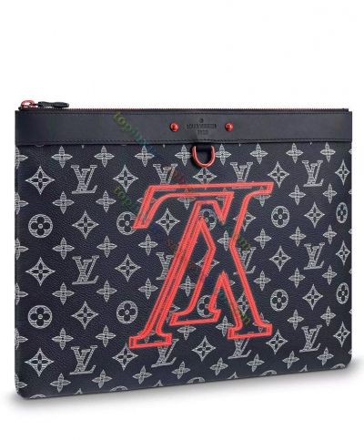 Copy Louis Vuitton Monogram Apollo Black Canvas Large LV Red Logo Pattern Women High End Pochette Bag
