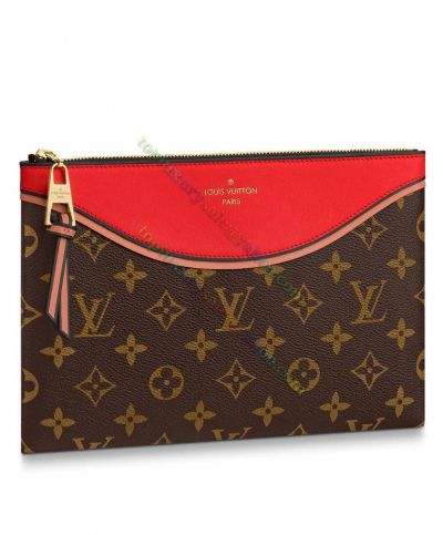 Copy Louis Vuitton Daily Pouch Monogram Pattern Red Leather Brown Canvas Best Discount Women Pochette
