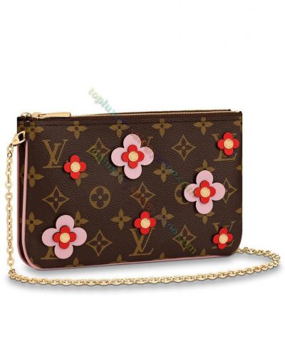  Louis Vuitton Blooming Flaowers Pink&Red Leather Flower Golden Chain Strap Double Zipper Compartments Lady  Brown Monogram Pochette 