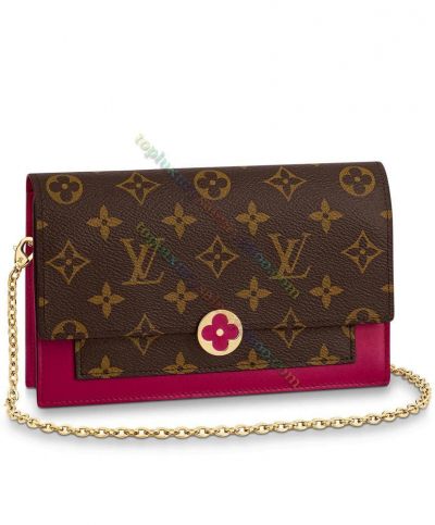 Copy Louis Vuitton Flore Monogram Brown Coated Canvas Female Purple Leather Golden Summer Fashion Chain Crossbody Bag/Wallet M67404 