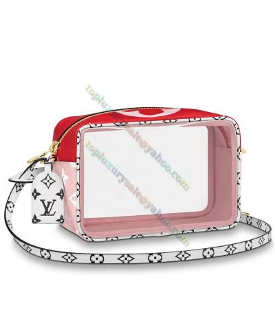  Cheapest Louis Vuitton  Beach Pouch Transparent Side White Leather Shoulder Strap Red & Pink Canvas Handbag For Ladies