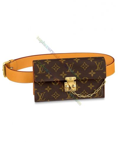 Unisex Louis Vuitton S Lock MM Monogram Coated Brown Canvas Chain Detail Coffee Leather Pouch Belt Bag