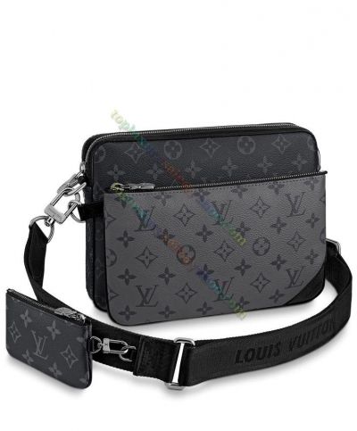 Louis Vuitton Trio Monogram Printing Black & Grey Canvas Double Zipper Pouch Top Sale Men Messenger Bag M69443