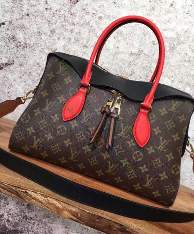 Louis Vuitton Tuileries Monogram Coated Black Leather Detail Red Rounded Top Handles Female Tote Bag Fashion Zipper Shoulder Bag