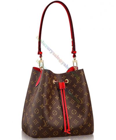 Louis Vuitton Neonoe Monogram Logo Pattern Red Leather Detail Hot Selling Brown Canvas Bucket Bag For Girls