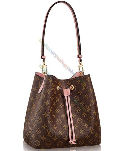 Louis Vuitton Neonoe Monogram Pattern Brown Canvas Pink Leather Detail Sweet Style Drawstring Bucket Bag For Ladies M44022