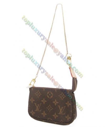  Louis Vuitton Monogram Printing Mini Pochette Chain Shoulder Strap Women Brown Canvas Crossbody Bag M58009