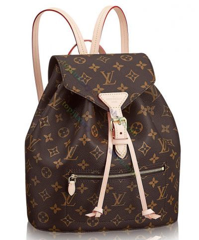  Louis Vuitton Montsouris Brown Leather Monogram Pattern Buckle Detail Women's Best Drawstring Closure Backpack 