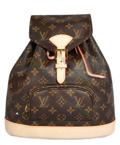  Louis Vuitton Montsouris Zipper Pocket Beige Leather Brown Canvas Patchwork Drawstring Fashion Backpack For Ladies