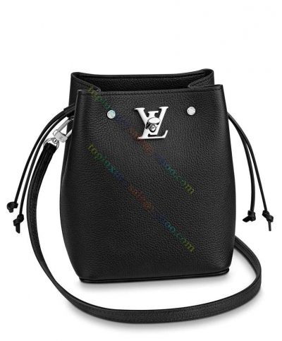 Louis Vuitton Nano Lockme Black Grained Leather Silver LV Turn Lock Ladies Drawstring Bucket Bag M68709