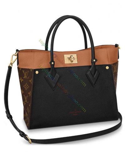 Louis Vuitton On My Side Monogram Printing Black & Coffee Leather Brown Canvas Female Turn Buckle Patchwork Tote Bag M53823