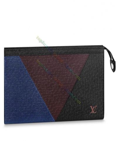  Louis Vuitton Pochette Voyage MM Blue Black Burgundy Tricolor V-shaped  Patchwork Men Zipper Cowhide Leather Large Wallet