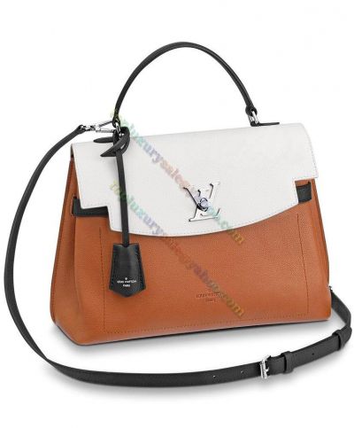 Louis Vuitton Lockme Ever Coffee Grained Leather LV Signature Lock Women White Flap Patchwork Hot Selling Tote Bag 