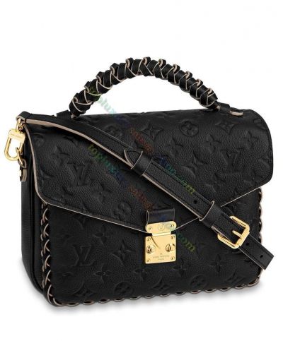 Louis Vuitton Pochette Metis Monogram Embossed Pattern Brained Top Handle Female Black Grainy Leather Crossbody Bag 