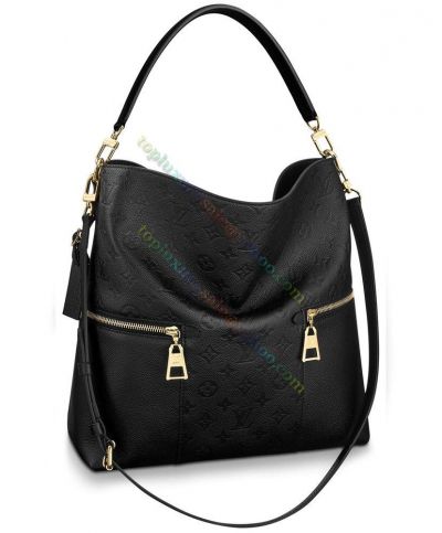 Louis Vuitton Melie Monogram Embossing Single Flat Top Handle Zipper Pocket Women Black Leather Classic Hobo Bag