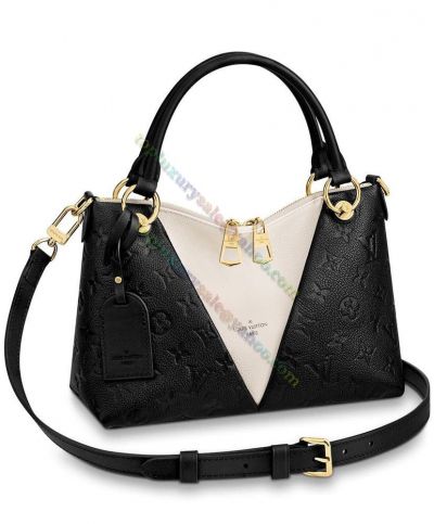 Louis Vuitton V White V-Shaped Detail Monogram Embossed Golden Double Zipper Black Female Leather Tote Bag 
