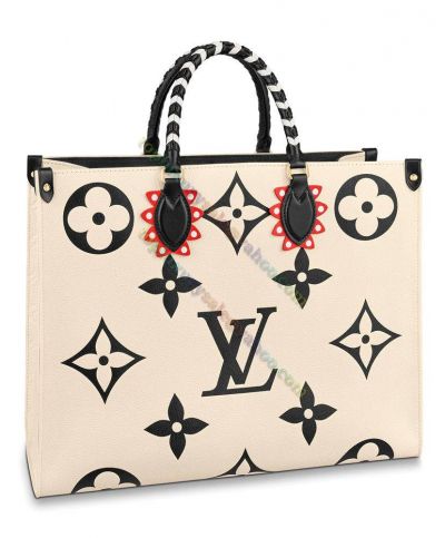 Louis Vuitton LV Grafty Onthego GM Monogram Bicolor Monogram Empreinte Leather Women's Fashion Creme Tote Bag 