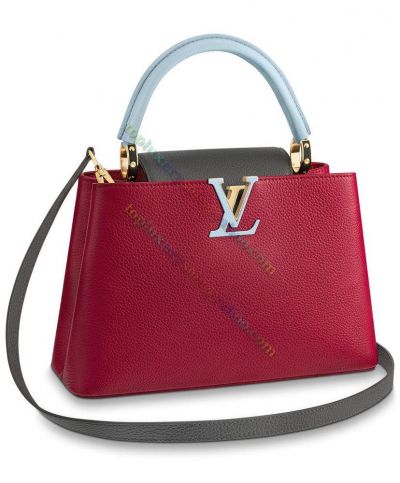 Louis Vuitton Capucines PM Burgundy Cowhide Blue Lv Logo & Handles Dark Brown Shoulder Trap & Flap Ladies Bag