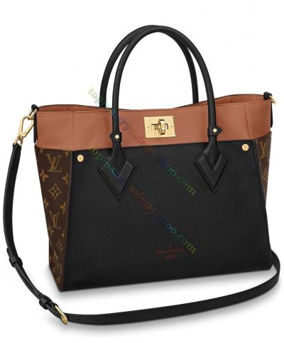  Louis Vuitton Women's On My Side Lateral Monogram Canvas Blend Black & Brown Cowhide Leather Turn Buckle Handbag