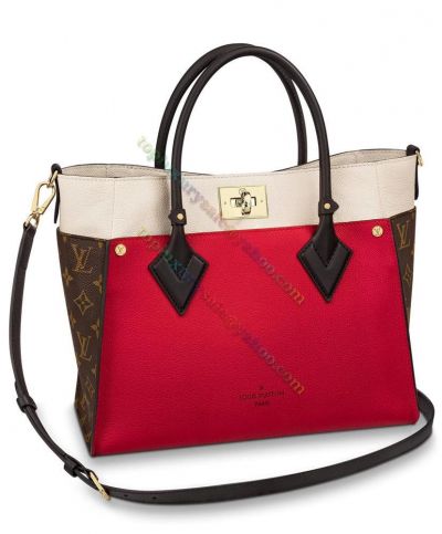  Louis Vuitton On My Side Golden Turn Buckle White & Red Grained Leather Patchwork Medium  Tote Bag For Girls Online 