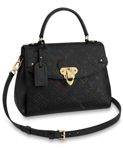 Clone Louis Vuitton Monogram Georges MM Gold Magnetic Signature Closure Women Black Grained Leather Flap Tote Bag Online M53944