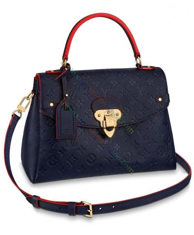  Louis Vuitton Georges MM M53945 Red Leather Trimming Monogram Pattern Signature Lock Navy Leather New Arrival Tote