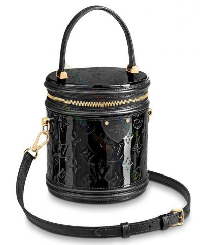Louis Vuitton Cannes Monogram Embossed Yellow Gold Zipper Closure Women Black Patent Leather Cylindrical Crossbody Bag